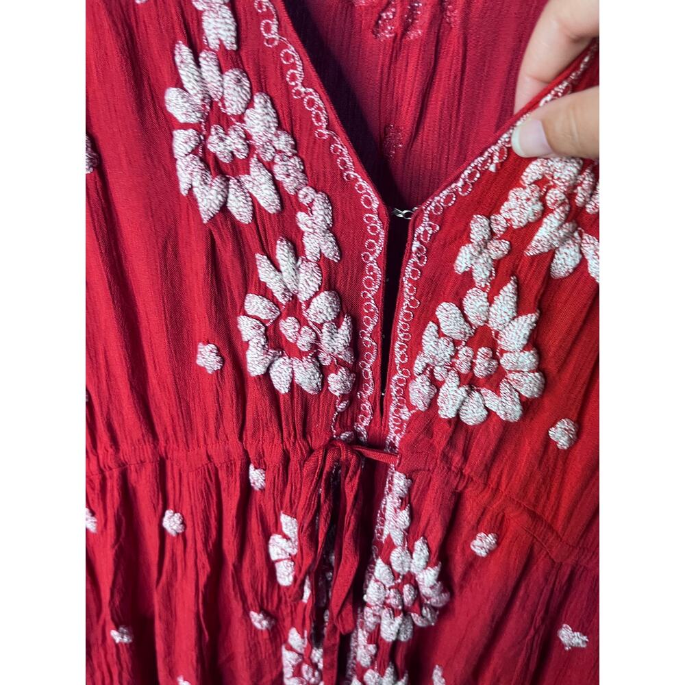 Free People Red Embroidered Boho Maxi Dress Long Sleeve Tie Front Size M - Picture 5 of 7